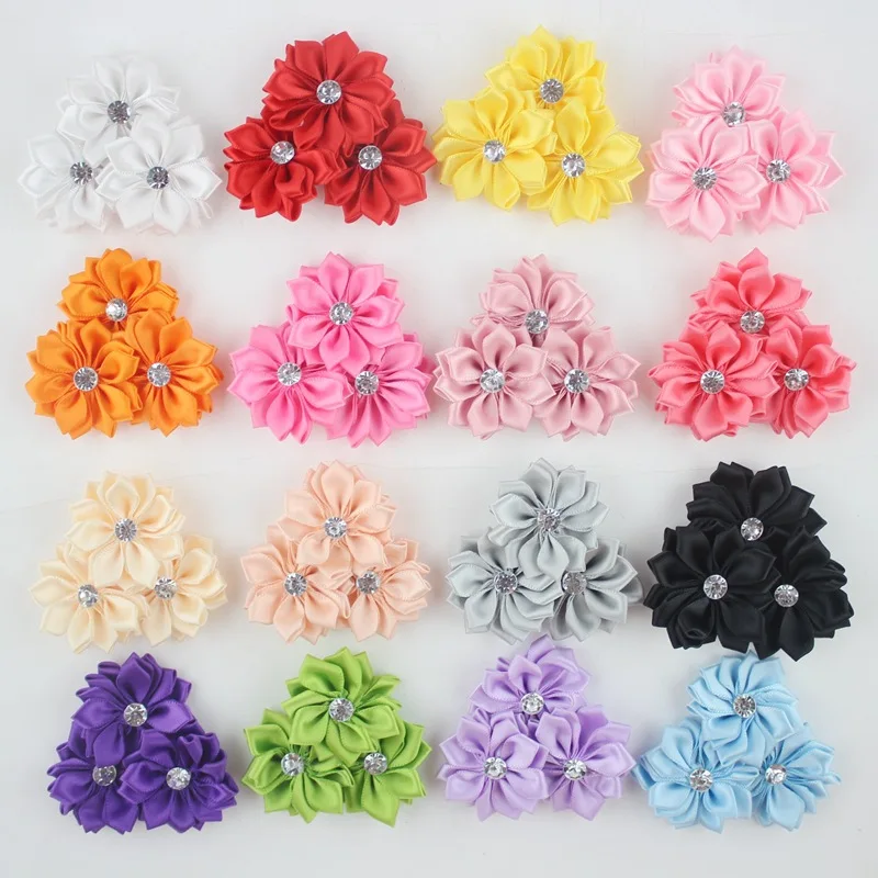 

Soft Matte Satin Silk Flowers For Baby Hair Accessories Artificial Rosette Fabric Flowers with Acrylic stone For Headbands