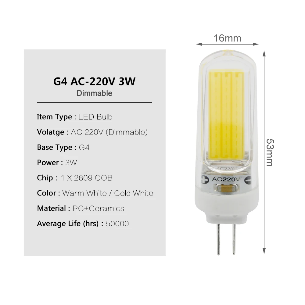 G4 220V Dimmable 1 шт., лампочка с регулируемой яркостью, 3 Вт, G4, G9, E14, 220 В, без мерцания, COB, Светодиодный точечный светильник, лампочка, лампа для замены 20 Вт, 30 Вт, галогенный светильник, люстра, лампы - Испускаемый цвет: G4 220V Dimmable