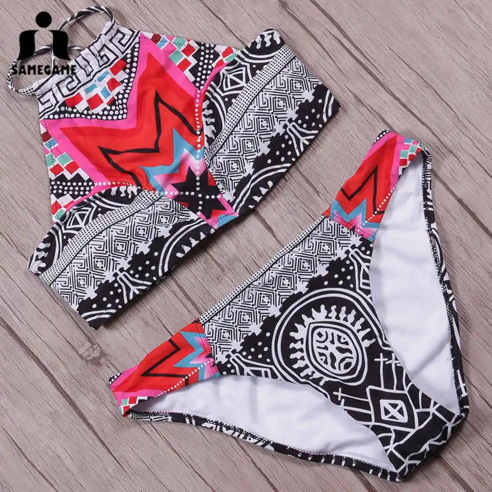Женский купальник бикини с высокой горловиной SAMEGAME бразильский комплект принтом