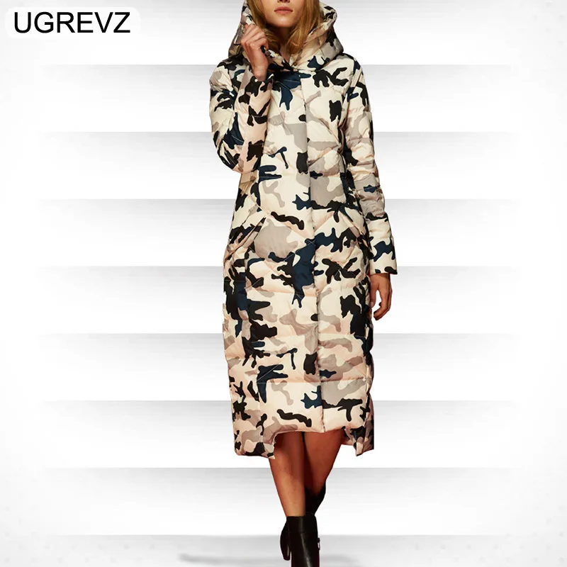1289Camouflage UGREVZ Европейская и американская Женская длинная пуховая куртка, толстая парка с капюшоном, новинка, приталенное Модное теплое пальто с длинным рукавом, 2xl - Цвет: 1289Camouflage