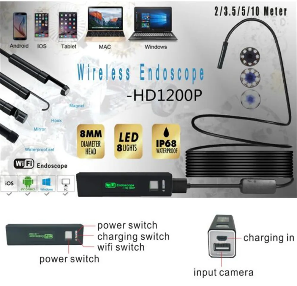 2MP 8 мм 1600x1200p HD WIFI эндоскопическая камера для Andorid и ISO Mobile | Безопасность защита