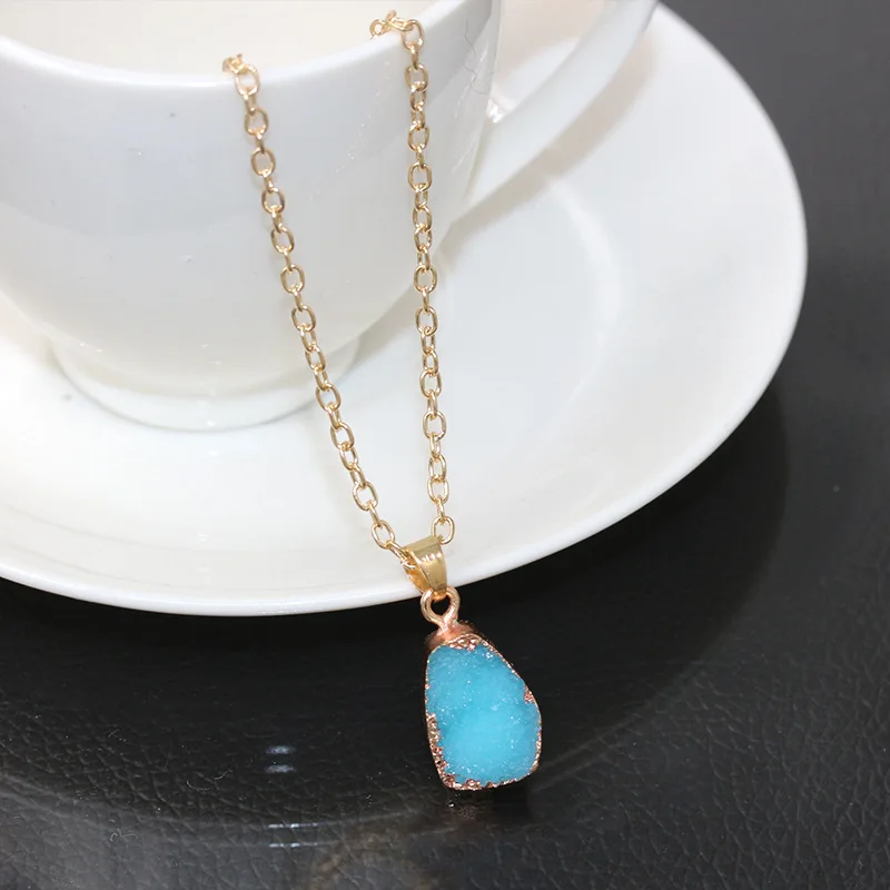 Rough Blue Crystal Surface Geometric Stone Pendant Golden Necklace for Women Around 54 cm | Украшения и аксессуары