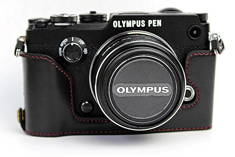 Кожаный чехол для камеры Olympus Pen-F Pen F PENF половина тела сумка для камеры извлечение батареи непосредственно крышка - Цвет: Black