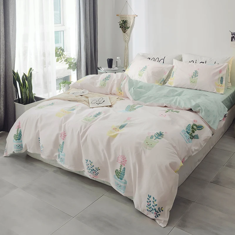 Green Plant Pattern Cotton Soft Bedding Set Queen King Full Size Bed Linen 4Pcs/Set Duvet Cover Sheet AB Side 2019 | Дом и сад