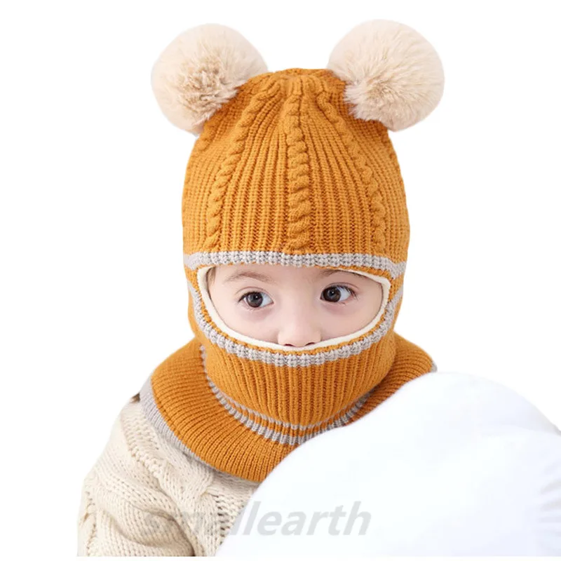 yellow ball Милая шапка с кошачьими ушками для мальчиков и девочек, детская зимняя теплая вязаная шапка с толстым бархатом и воротником, Детская ветрозащитная шерстяная шапка, шарф - Цвет: yellow ball