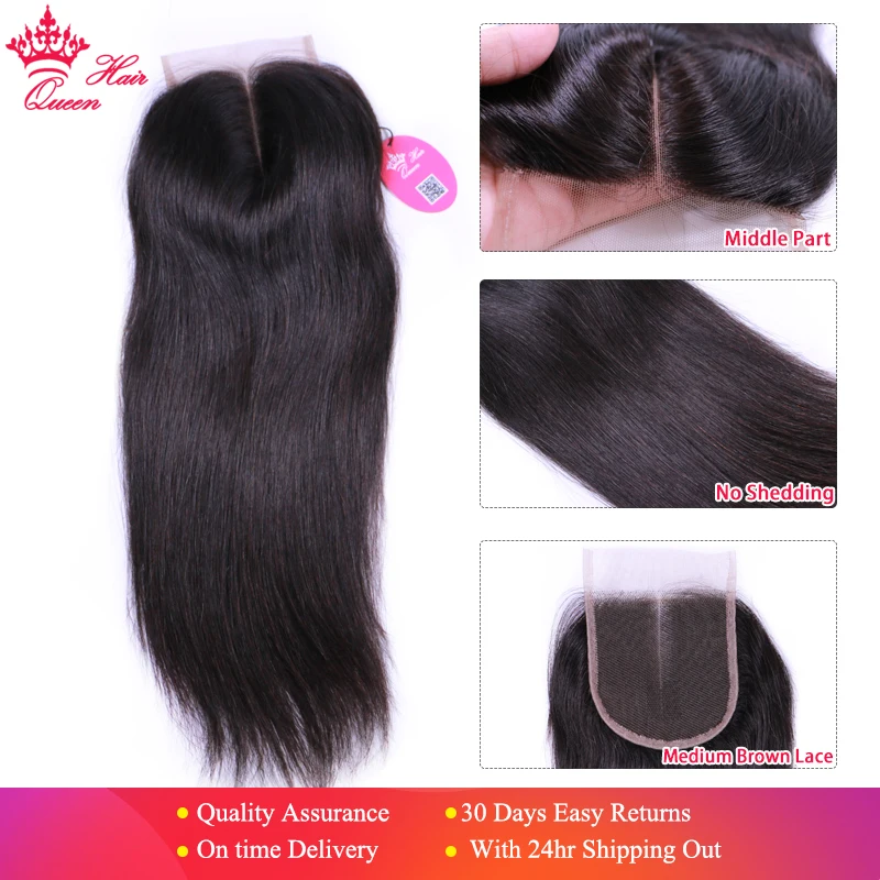 Queen Hair Official Store Brazilian Virgin Hair Closure 4x4 Middle Part Straight Natural Color 1B Swiss Lace Fast Free Shipping