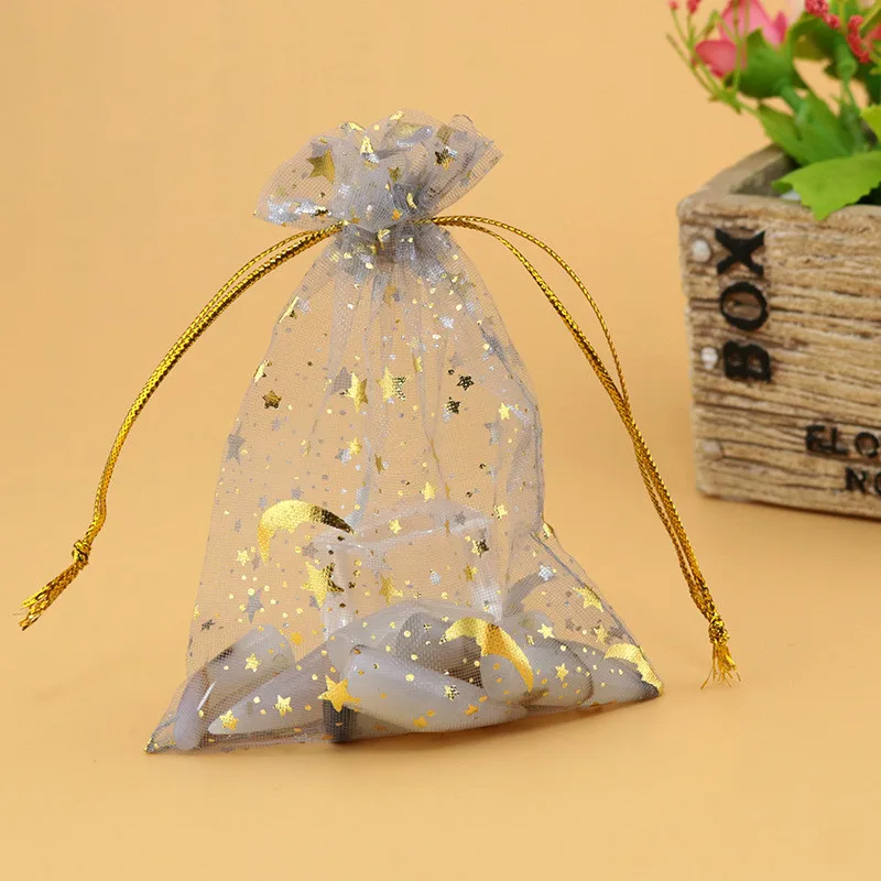 Серый 100 шт. 9*12 см Печатные Golden Star Moon органза сумки красочные свадебные украшения подарок Коробки сумки бусы обновления подарочные мешочки - Цвет: Серый