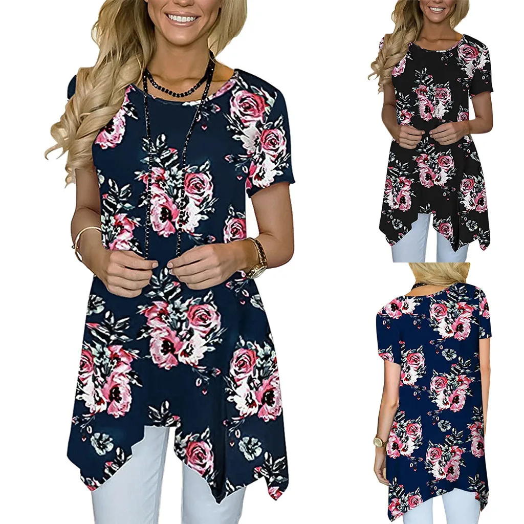 Женские футболки SAGACE короткий рукав цветочный принт неровный подол футболка