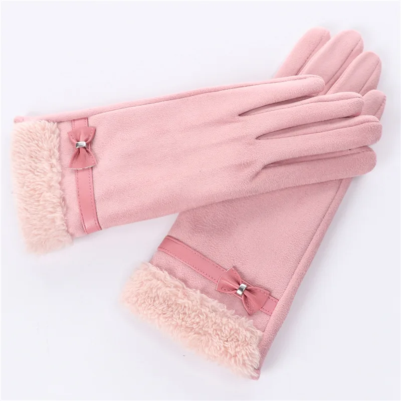 208 pink SHOWERSMILE серые женские перчатки с бантами женские перчатки для вождения замшевые теплые зимние элегантные бархатные женские перчатки для сенсорного экрана - Цвет: 208 pink