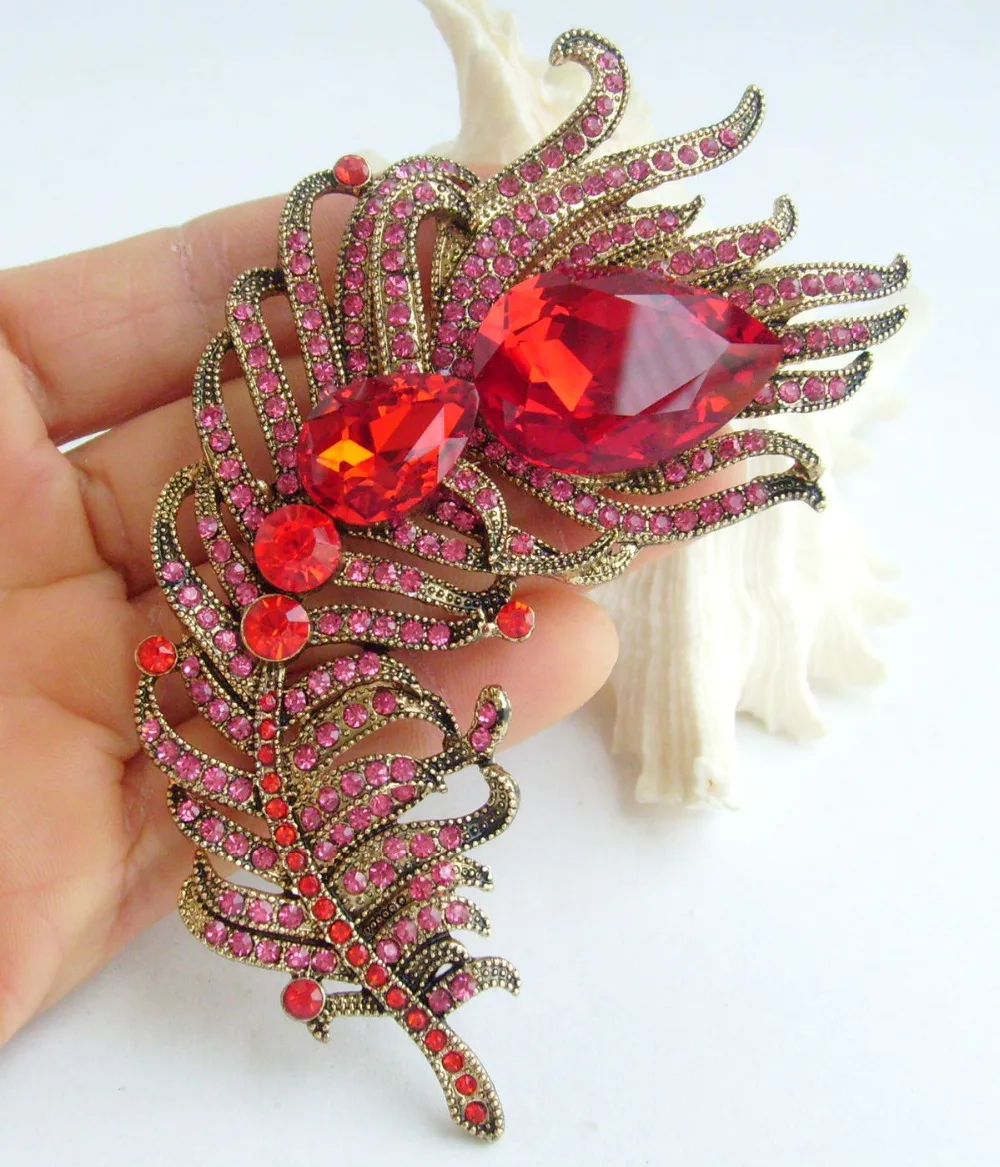 Elegant Red Pink Rhinestone Crystal Peacock Feather Necklace Pendant NL05038C11 | Украшения и аксессуары