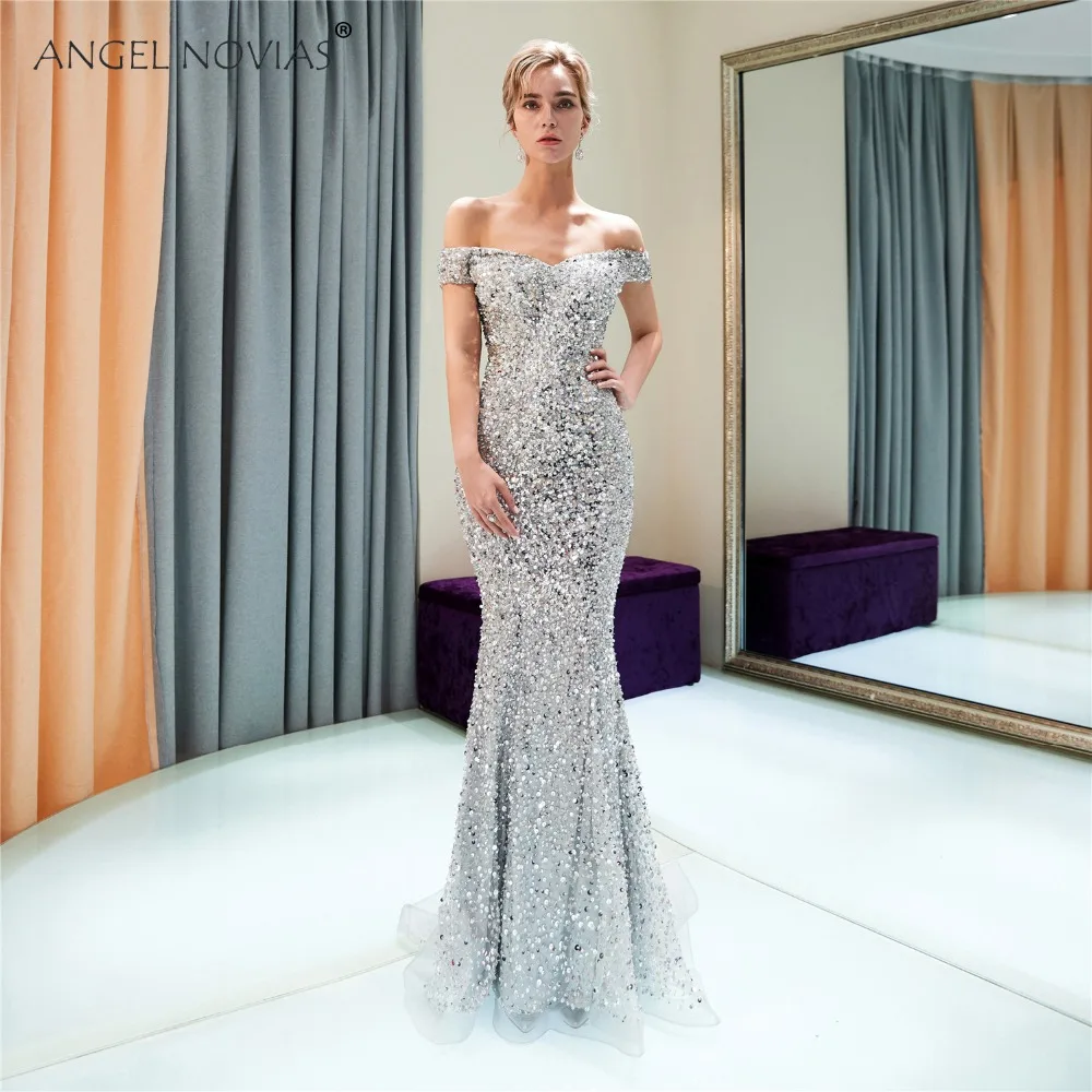 

ANGEL NOVIAS Long Silver Mermaid Glitter Beading Off the Shoulder Evening Dresses 2020 Lebanon Abendkleid 2019