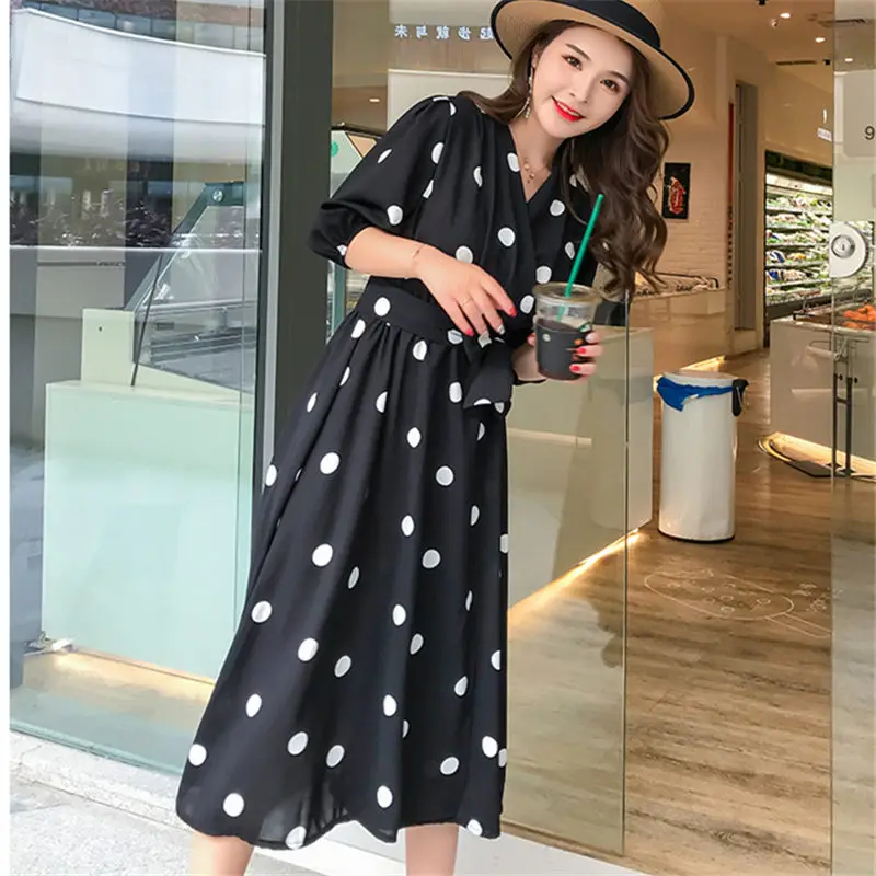 Модные Корея Новый Boho Черный шифон пляжное платье Для женщин 2019 лето волна точка
