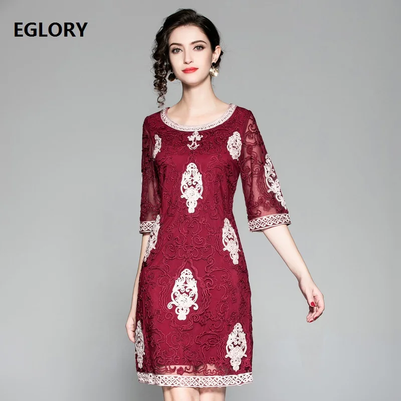 rose red Лучшее качество платье вечерние элегантные платья Женская ткань с аппликациями вышивка 3/4 рукав облегающее платье-футляр выше колена - Цвет: rose red