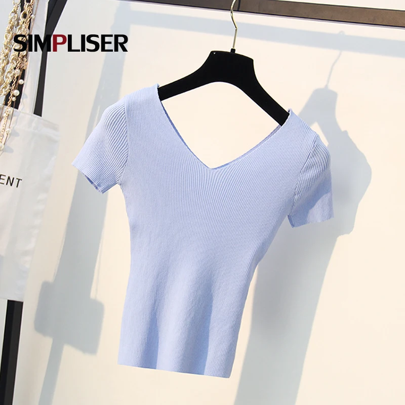 Thin Pullovers Women 2019 Summer Knitted Tees V-neck Short Sleeve Female Knitting shirts Ladies Stretch Tops White black blue | Женская