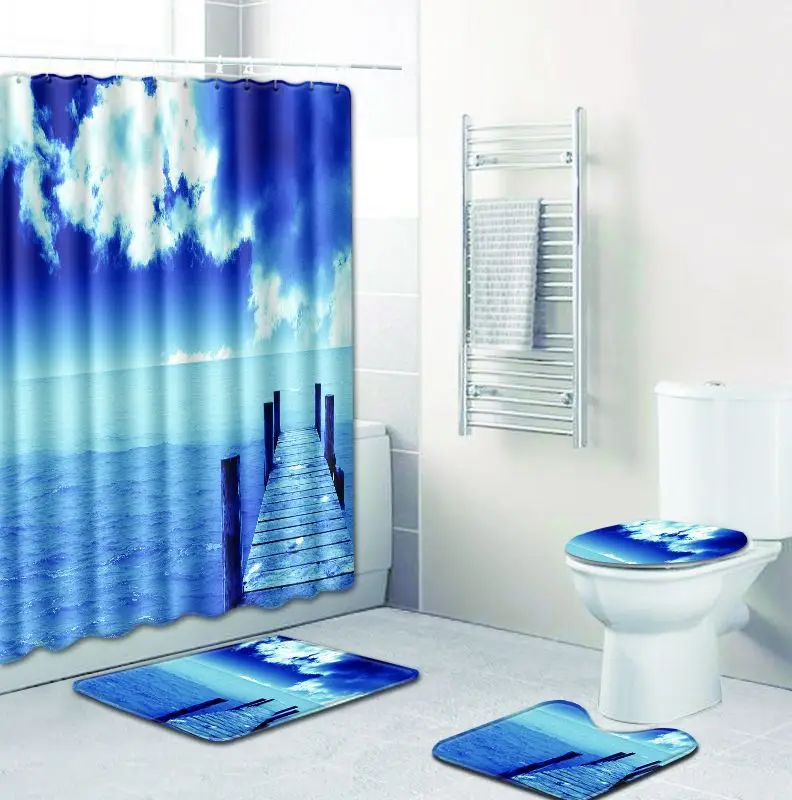 Bath Mats Bathroom Set Carpet Scape Shower Curtain Anti Slip Toilet Seat Covers 3D 4pcs Mat Accessories Home Decor | Дом и сад