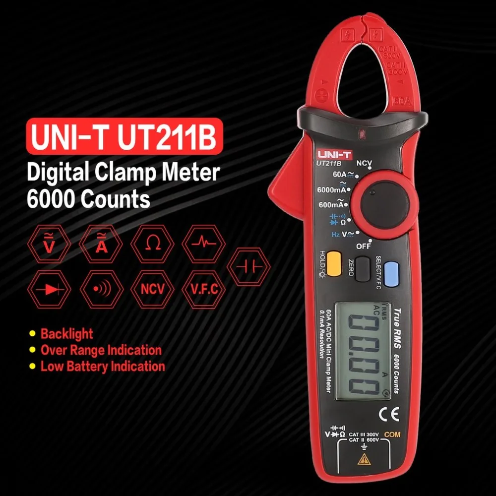 UNI T UT211B Мини цифровой клещи мультиметр True RMS Высокое разрешение AC/DC Вольт Ампер Ом