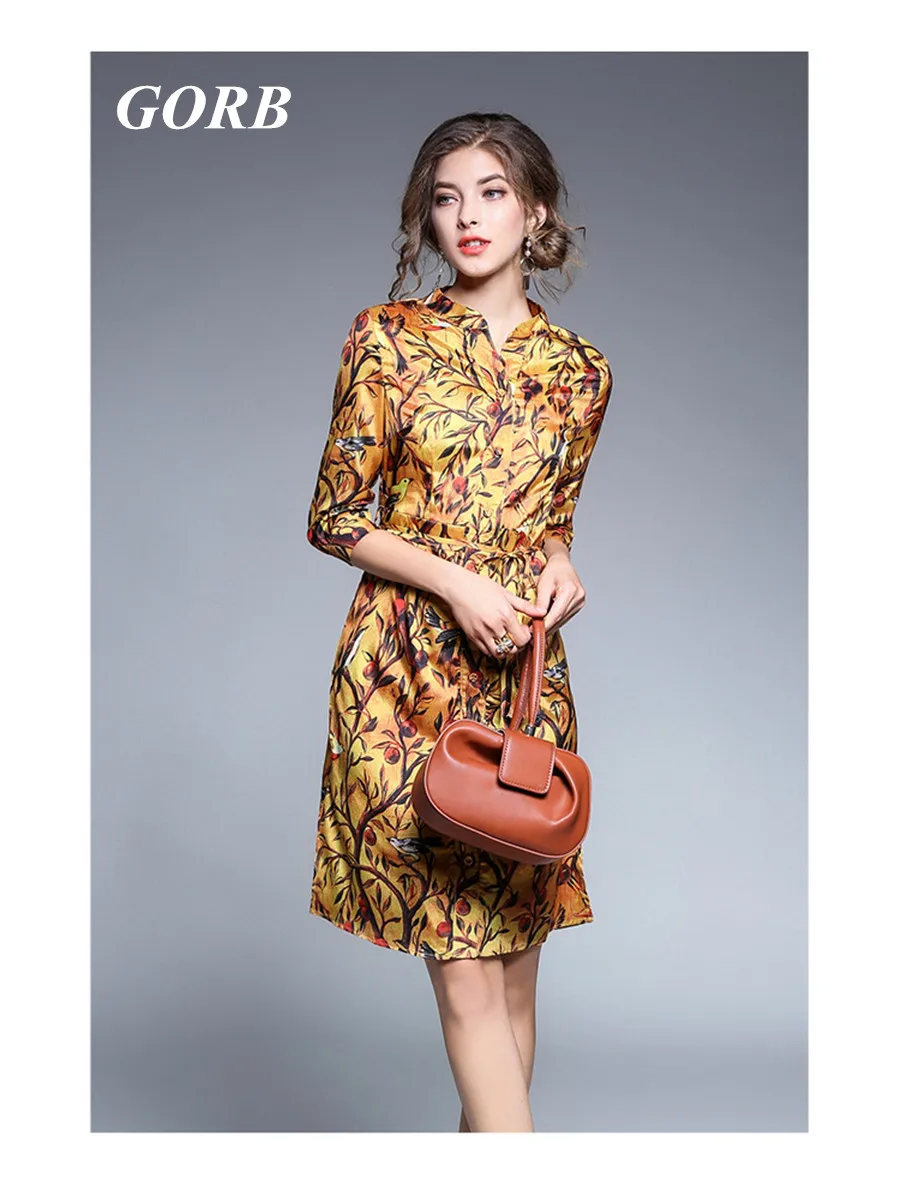 Gorb осень 2017 г. новые модные желтые печатных стенд Коллер тонкий Платья для вечеринок высокое качество Для