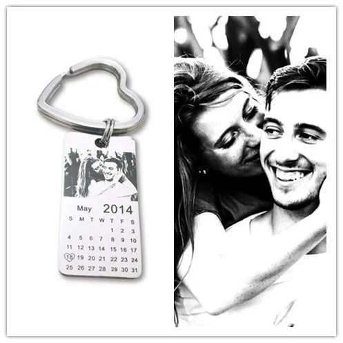 Chaveiro de calendário fotográfico personalizado, presente com data e amor, chaveiro de aço inoxidável, 20mm x 40mm, 1 peça