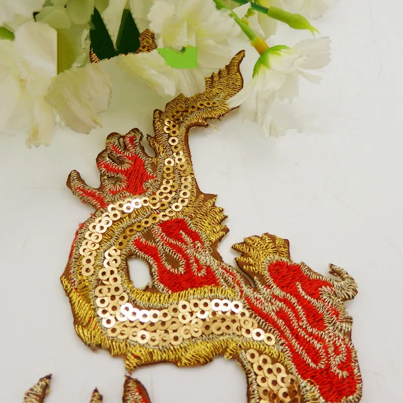 Аппликации из ткани Золотого Дракона с маленькими блестками 9x19 см сырье клей