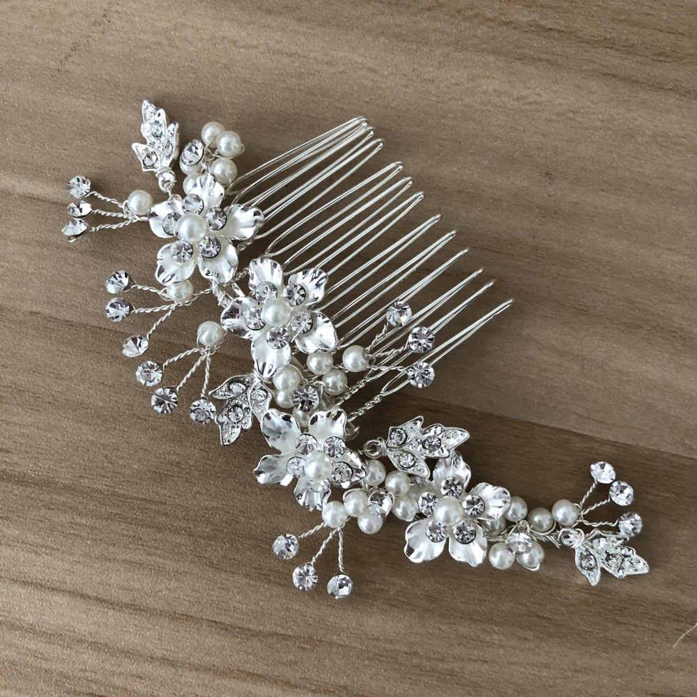 New Arrive Shinning Handmade Wedding Thick Silver Hair Comb Metal Flowers Accessories For Woman Pearl Bridal Jewelry |