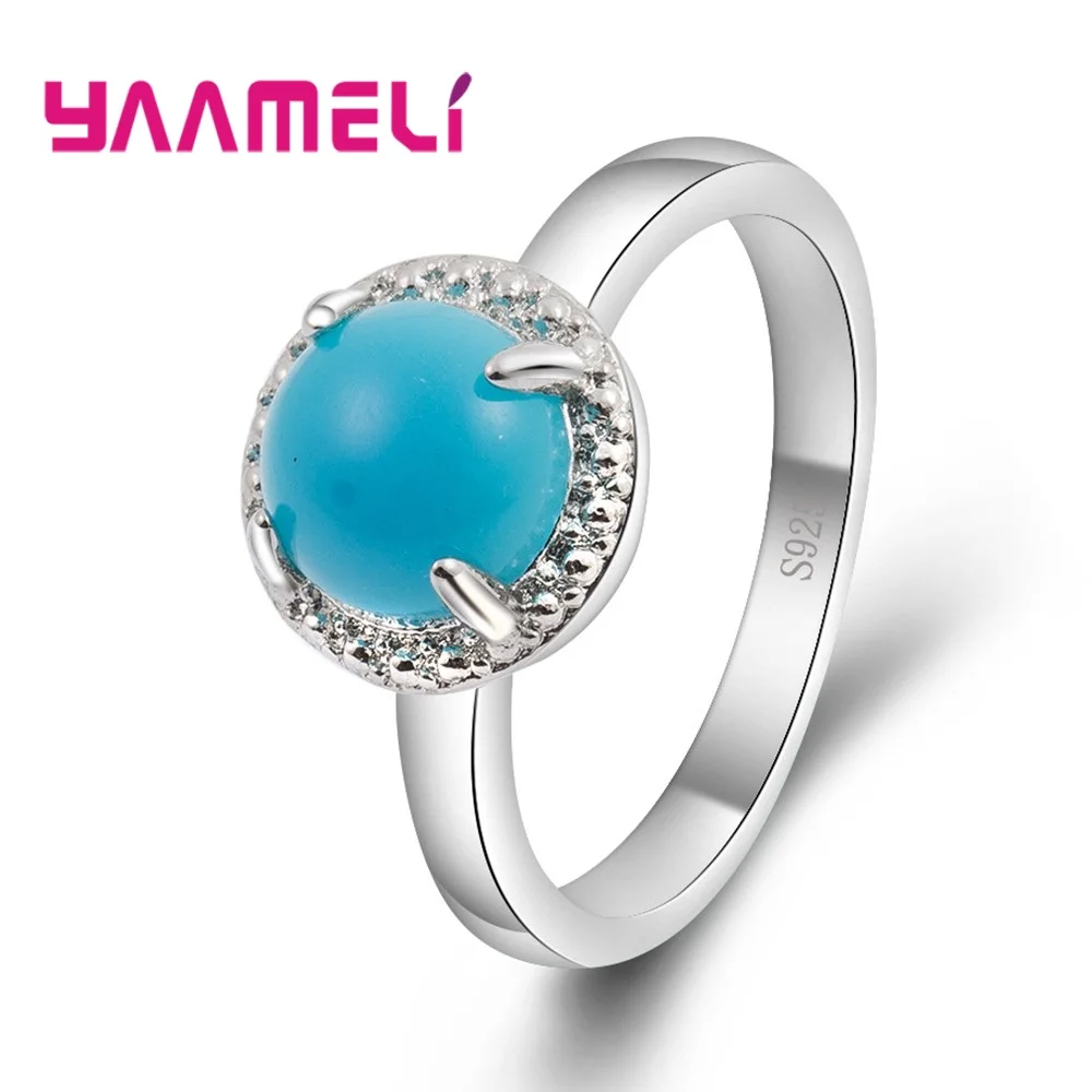 

YAAMEL Classical Genuine Best 925 Sterling Silver Finger Rings Frosted Blue Round Opal Crystal Jewelry For Women Ladies Gift