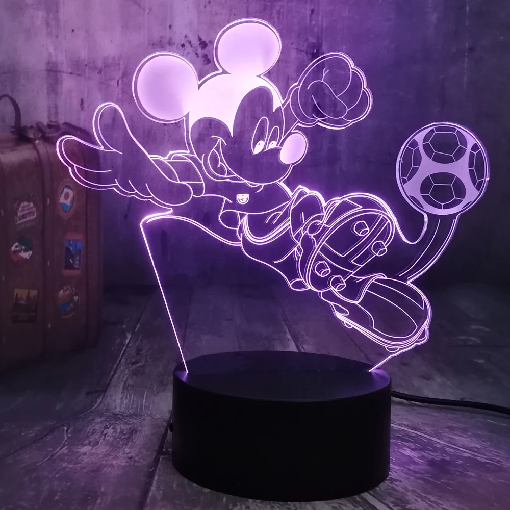Милый Микки Маус игра в футбол 3D светодиодный ночник светильник RGB 7 цветов