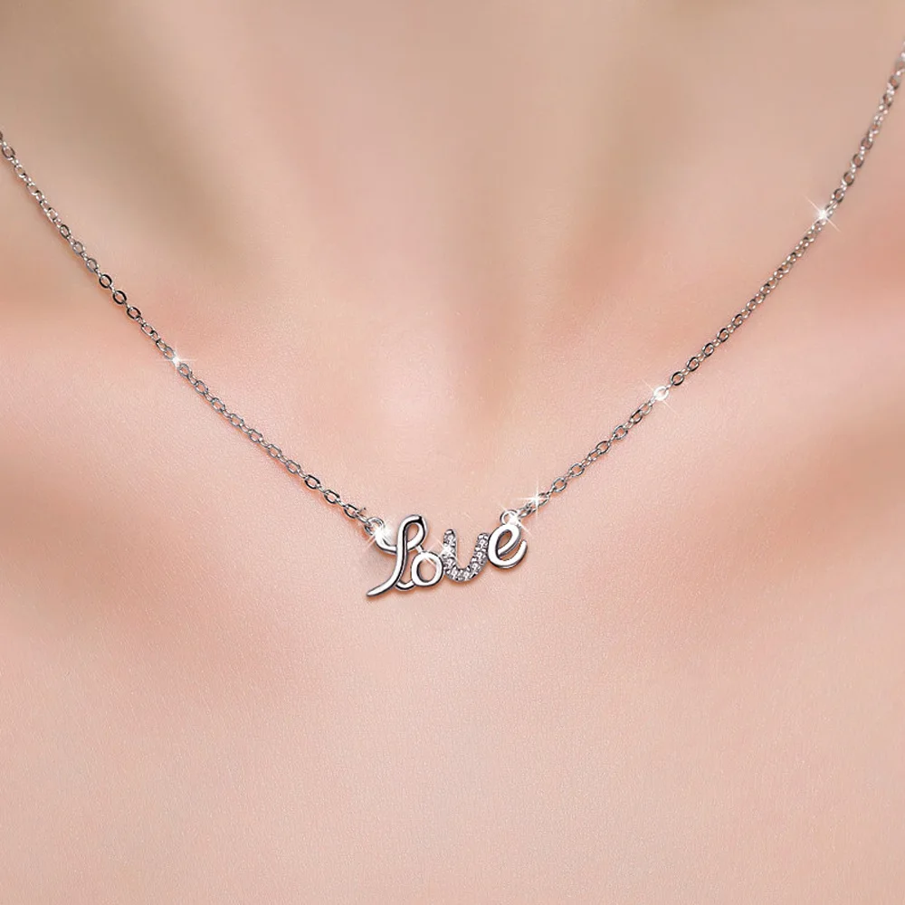 Authentic 925 Sterling Silver Necklace For Women Love Word Zircon Necklaces &amp Pendants Jewelry Charms Jewellery Choker Gift M192 |