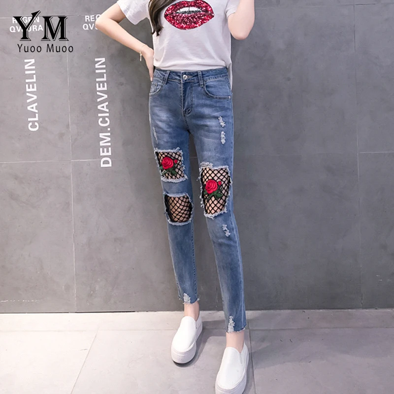 YuooMuoo New Hole Ripped Jeans for Women Fashion Net Design with Embroidery Rose Push Up Woman Denim Pants |