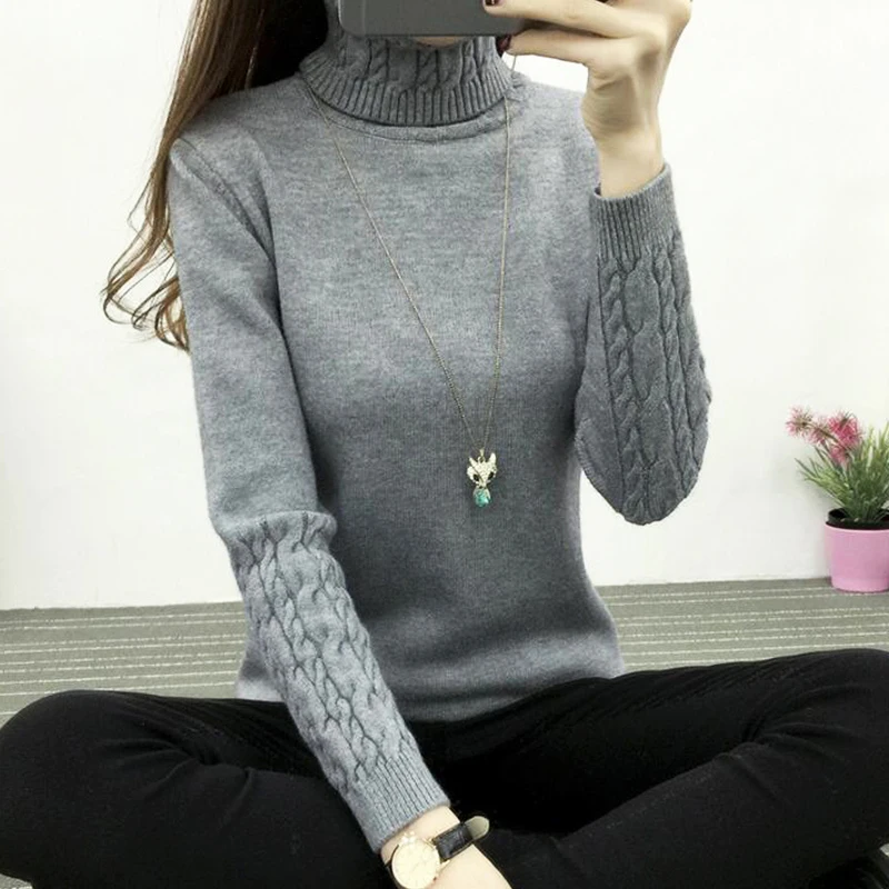 2017 Autumn Fashion Women Solid Color Turtleneck Tricot Tops Casual Oversized Twist Knitted Long Sleeve Female Pullover Sweater | Женская