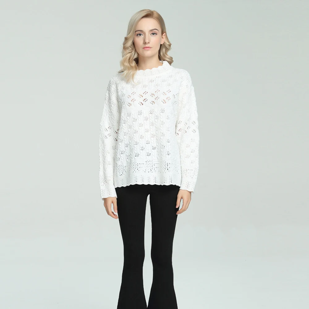 Autumn Winter Long Sleeve Wave Crochet Hollow Out Knitted Pullover Loose Women Sweater Kawaii Sweet Girl Knitwear White Jumper | Женская