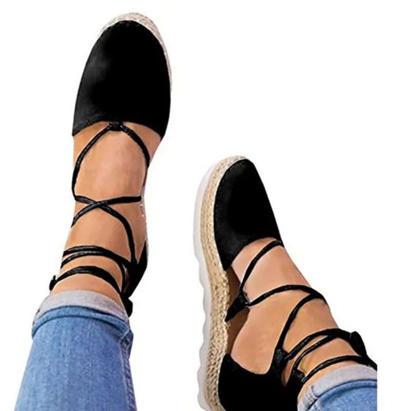 

XingDeng Ladies Party European Bandage Lace Up Gladiator Flats Shoes Big Size 35-44 Women Flat Cross Strap Hemp Casual Shoes