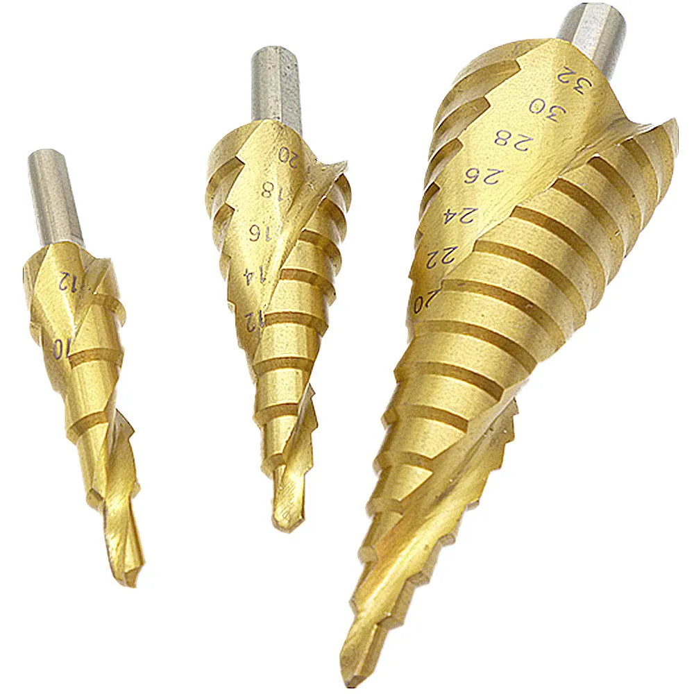 

3pc Hss Step Drill Cone Bits 4-12/20/32mm Wood Metal Steel Pvc Sheet Drilling Titanium Spiral Grooved Step Drill Bit Hole Cutter