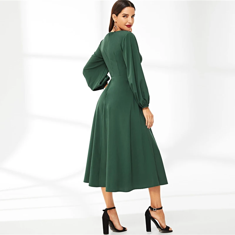 SHEIN abaya, зеленое платье с v-образным вырезом и пуговицами, рукав-фонарик, однотонное длинное платье трапециевидной формы с высокой талией,, винтажные осенние женские платья