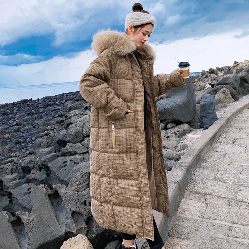 Корейский стиль зимняя женская куртка с капюшоном с мехом X-long пуховик утепленная стеганая парка высокого качества