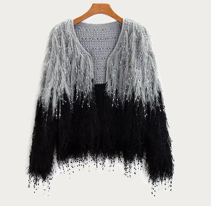 Black Grey Cardigan Осенне-зимние женские трикотажные джемперы с кисточками и цветными блокировками из мохера, дизайнерские женские вязаные свитера с кисточками - Цвет: Black Grey Cardigan