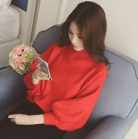 Turtleneck Winter Knitted Sweater Women Lantern Sleeve Loose Gray White Red Black Pullover Female Soft Warm Autumn Casual Jumper | Женская