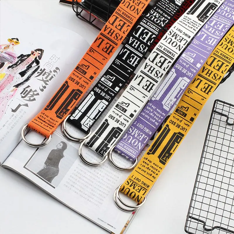 Fashion Long Canvas Belt For Unisex Literary Wind Letter Print Belts Trend Student Harajuku Wild Jeans Belt Double D Ring Belts