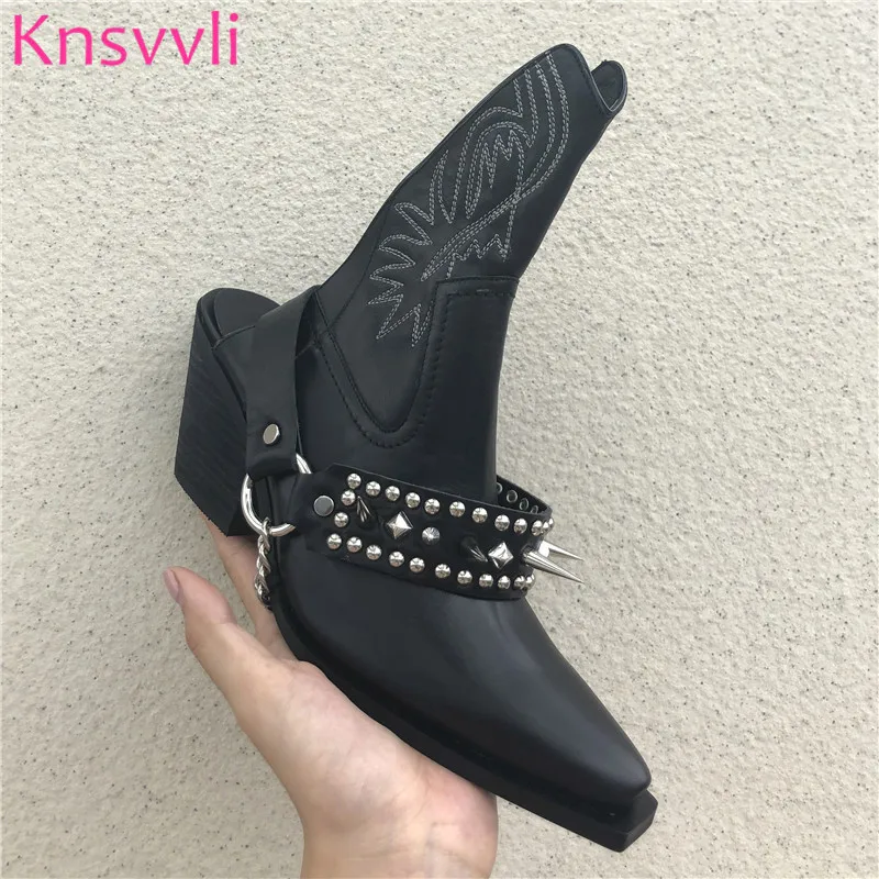 New Embroidery Western Cowboy Boots Woman Rivets Slingback Black Leather Metal Chain Chunky High Heels Motorcycle Shoes Women | Обувь