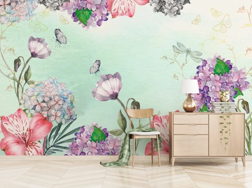 Beibehang Индивидуальные Современные ручная роспись обои свежие и простые фиолетовые гортензии росписи ТВ фон обои домашний декор