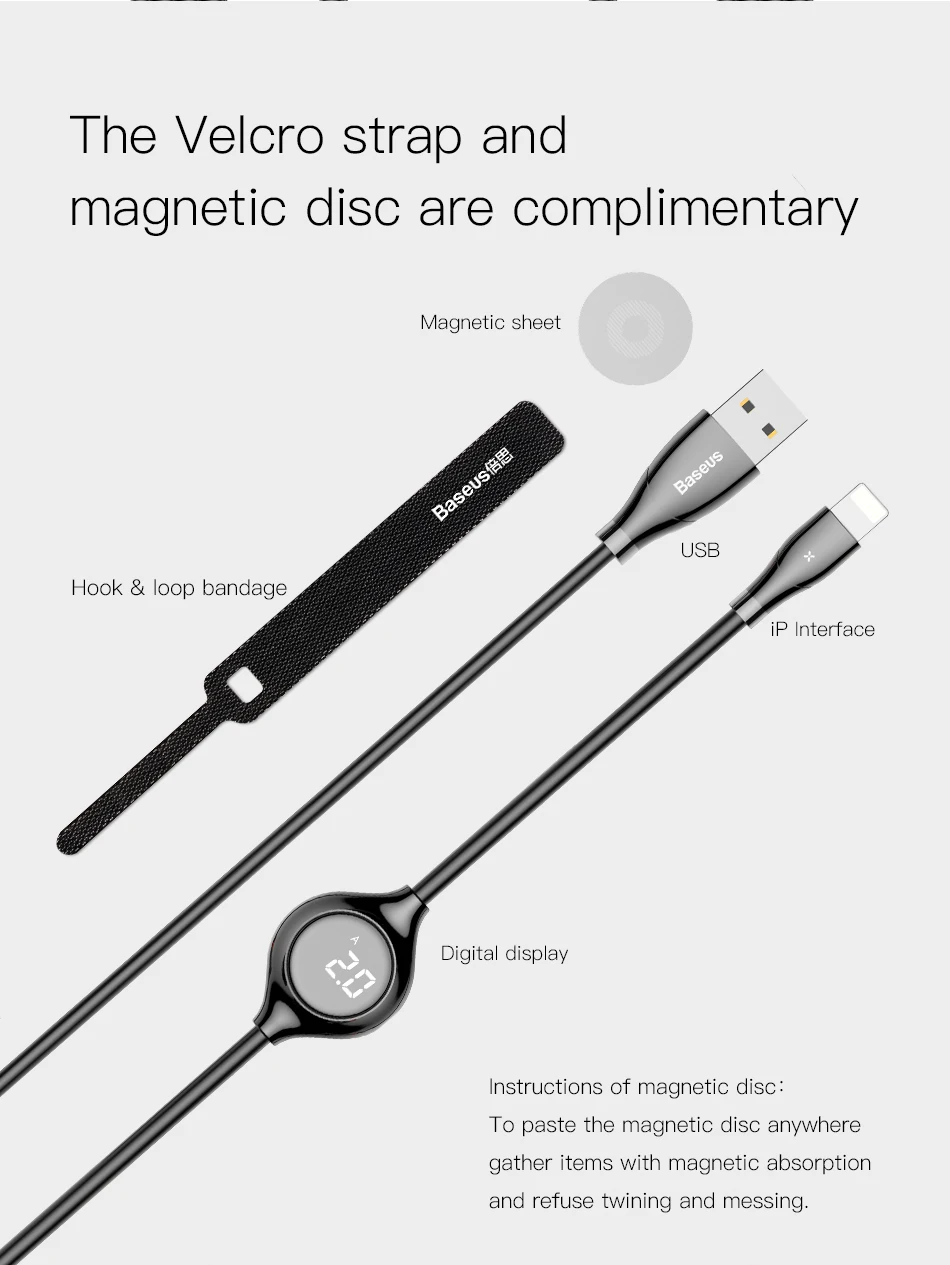 Usb-кабель Baseus с цифровым дисплеем для iPhone Xs Max Xr X 8 7 6 6s Plus 5 5S шнур для быстрой зарядки и передачи данных Магнитный кабель