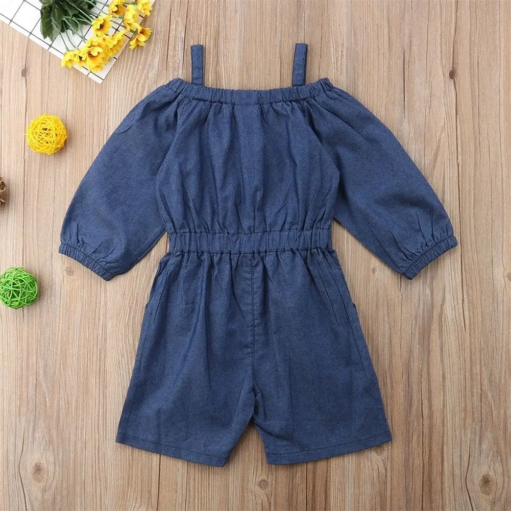 Детский комбинезон с оборками для маленьких девочек джинсовый открытыми плечами