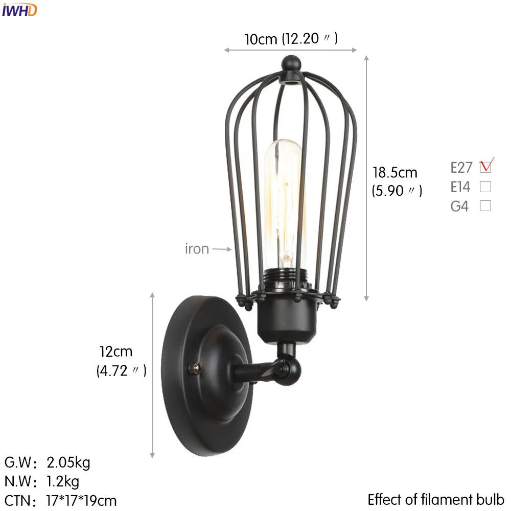 Черно металлический винтажный настенный светильник IWHD в стиле ретро для спальни