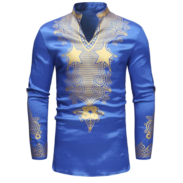 63337blue Мужская хипстерская африканская Дашики длинная футболка модная повседневная стоячий воротник длинный рукав Футболка Мужская Хип-Хоп Уличная одежда Топы - Цвет: 63337blue