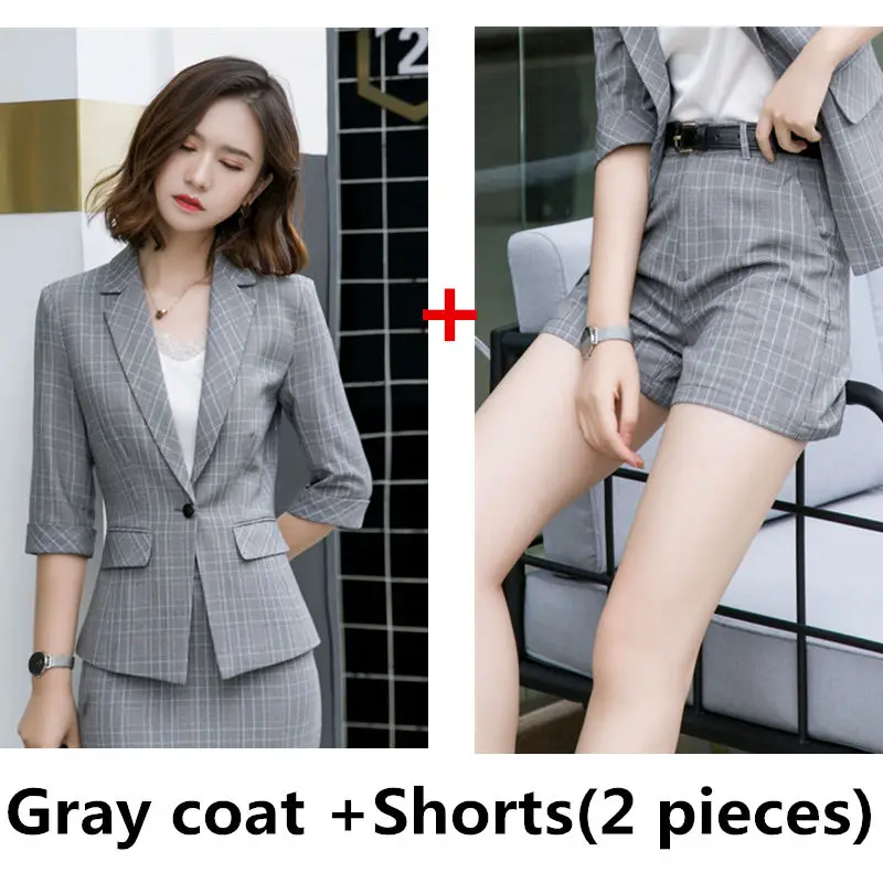 Gray coat and shorts Dushicolorful весна лето женские костюмы комплект из двух предметов клетчатый Блейзер шорты размера плюс Формальные Деловые женские офисные брюки костюм набор - Цвет: Gray coat and shorts