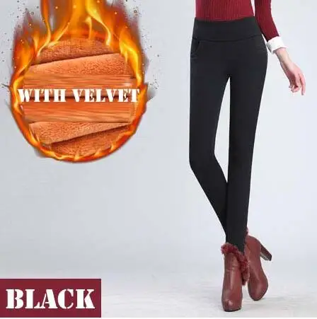 Black with Velvet Золотые флисовые утолщенные теплые штаны с высокой талией, зимние штаны, женские штаны, брюки, S-6Xl, тонкие, размера плюс, узкие брюки - Цвет: Black with Velvet