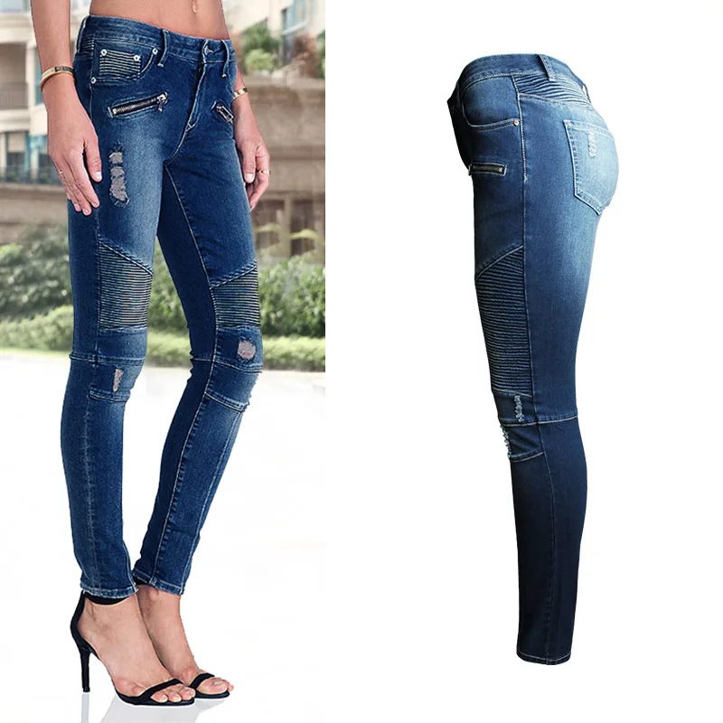 New Push Up Jeans Biker Blue Women Motorcycle Skinny Pants Zip Mid High Waist Stretch Motor For Woman | Женская одежда