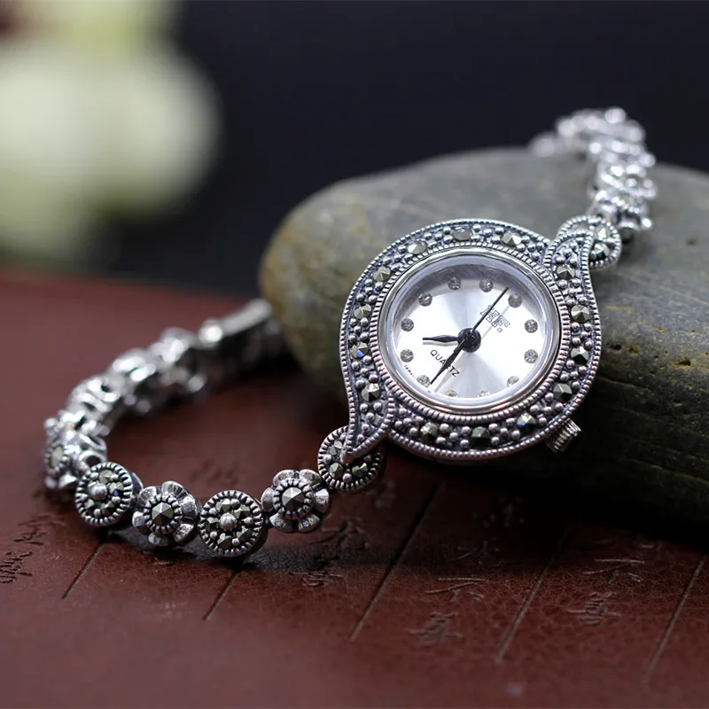 

New Limited Edition Classic Elegant S925 Silver Pure Thai Silver Bracelet Watches Thailand Process Rhinestone Bangle Dresswatch