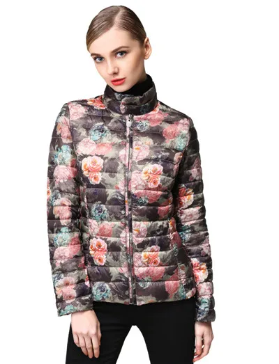 floral Hoffen, Новое поступление, Женская куртка-пуховик на утином пуху, воротник-стойка, приталенная, цветочный принт, складываемая парка для женщин, зимняя WJ16W-055 - Цвет: floral