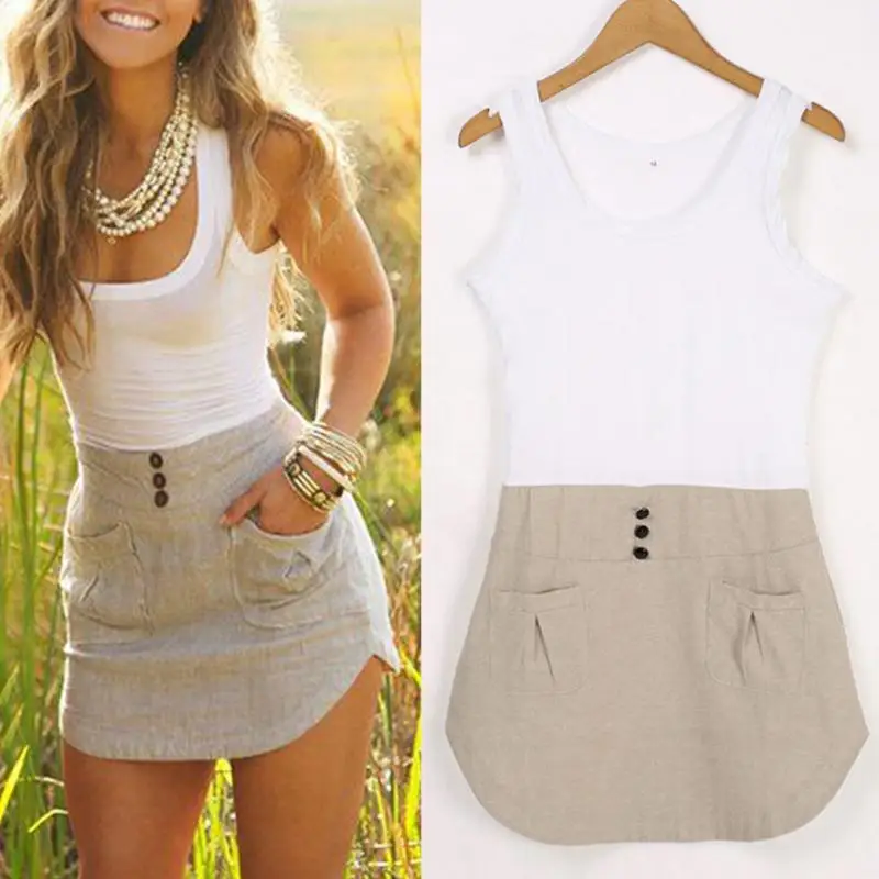 Летнее сексуальное женское мини платье повседневное белое лоскутное сшитое