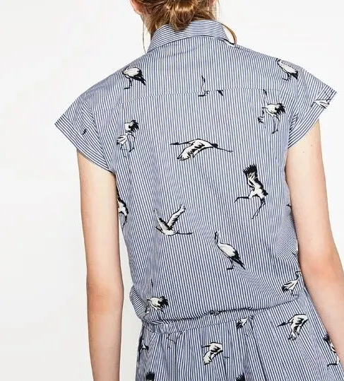 2017 New Fashion Women Vintage Birds Printing Striped Casual Loose Blouses Shirt Short Sleeve Office Wear Slim Blusas Tops S-L |